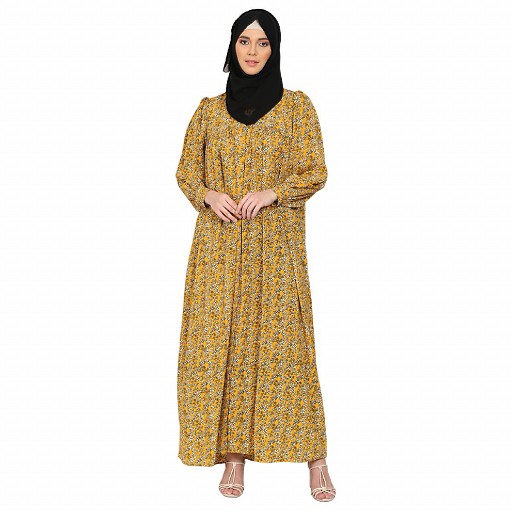 Front Open Mustard floral Print Abaya 